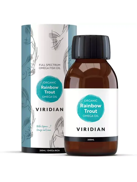 Viridian Organic Rainbow Trout Omega Oil, 200ml bottle and packaging.