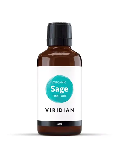 Brown bottle of Viridian Organic Sage Tincture, 50ml.