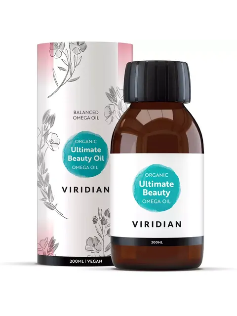Viridian Ultimate Beauty Omega Oil, 200ml bottle with floral packaging design.