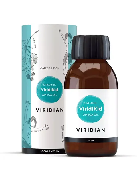 Viridian ViridiKid Omega Oil, 200ml bottle and packaging, labelled organic and vegan.