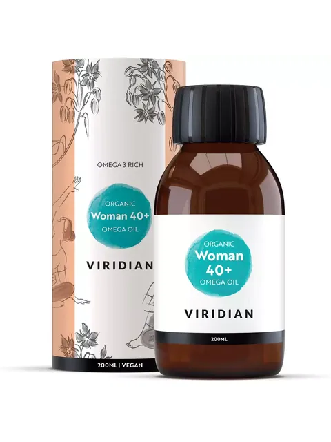 Viridian Organic Woman 40+ Omega Oil, 200ml bottle and packaging with floral design.