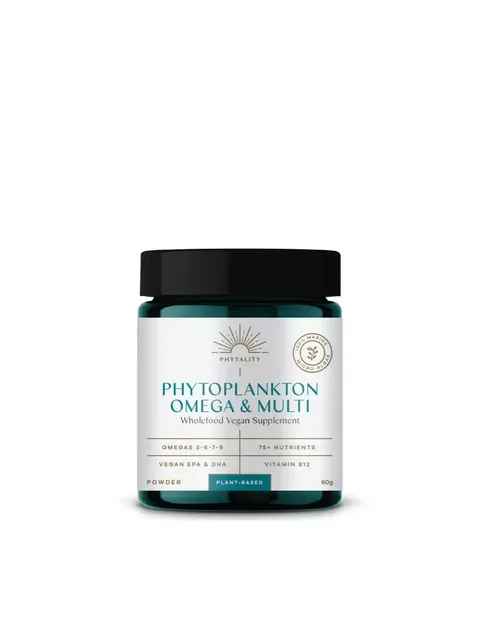Phytoplankton Omega & Multi vegan supplement jar, 60g, with black lid.