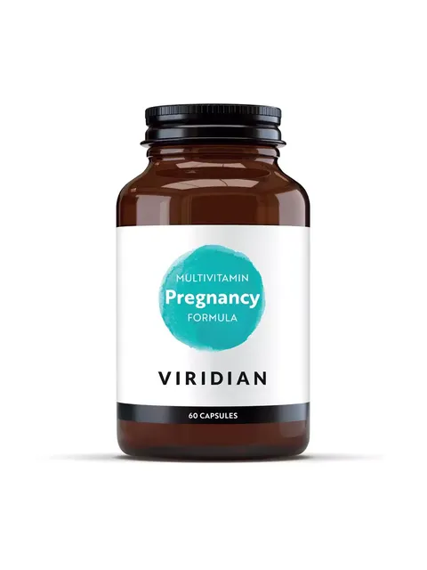 Viridian Multivitamin Pregnancy Formula, 60 capsules in a brown bottle.