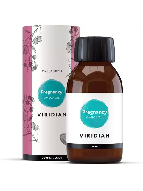 Viridian Pregnancy Omega Oil, 200ml bottle and box with floral design.