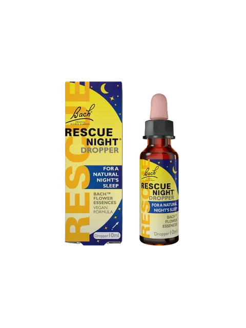 Bach Rescue Night Dropper, 10ml bottle and box, vegan formula for natural night's sleep.