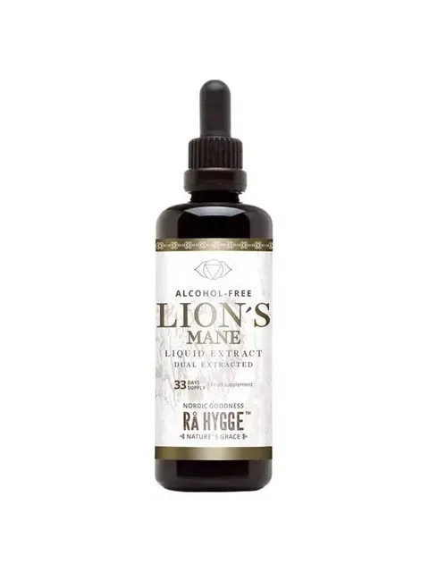 Lion's Mane liquid extract bottle, alcohol-free, 33 days supply, by Rå Hygge.