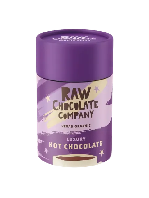 Purple tin of Raw Chocolate Company vegan organic luxury hot chocolate.
