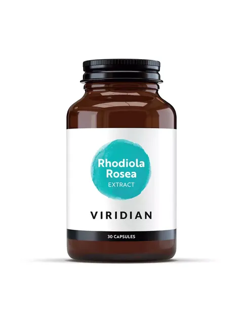 Viridian Rhodiola Rosea Extract, 30 capsules in a brown bottle.