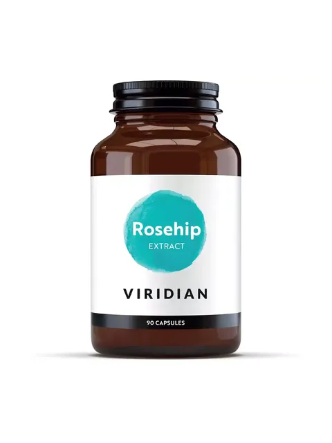 Brown bottle labelled "Rosehip Extract" by Viridian, 90 capsules.