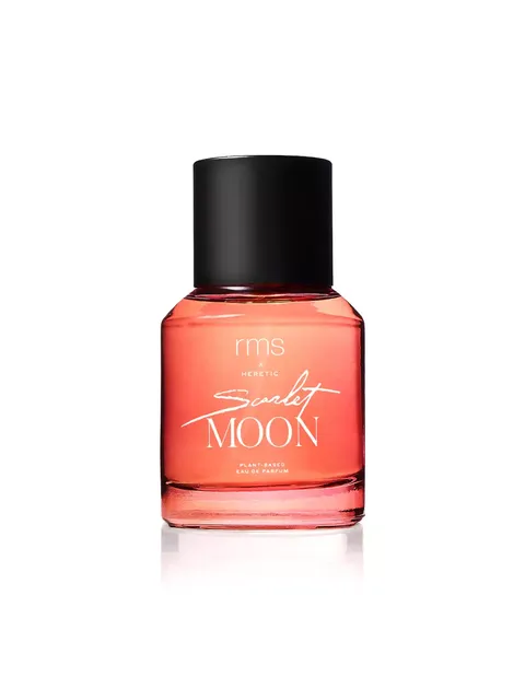 RMS Scarlet Moon perfume bottle with black cap and pink liquid.