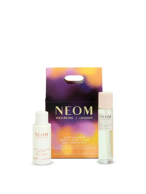 NEOM Sleep Saviours set with bath foam and mist in colourful packaging.
