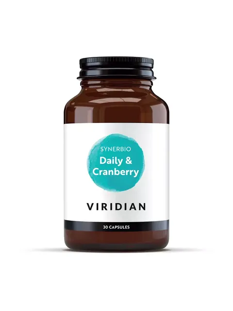 Viridian Synerbio Daily & Cranberry capsules, 30 count, in a brown bottle.
