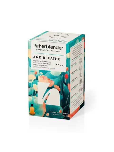 Herbal tea box with floral design, labelled "And Breathe" by The Herbtender. Contains 18 teabags.