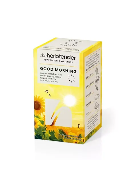 The Herb Tender Good Morning tea box with sunflowers and sun design. Contains 18 organic herbal teabags.