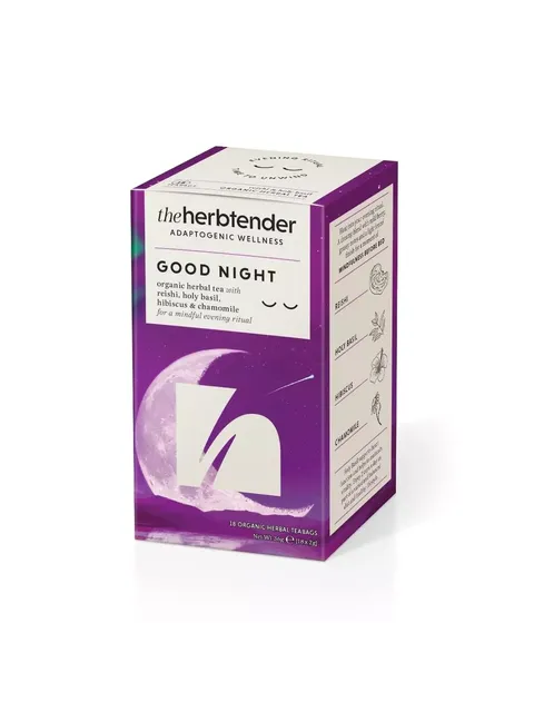 Purple box of herbal tea with reishi, holy basil, hibiscus, and chamomile. Contains 18 teabags.