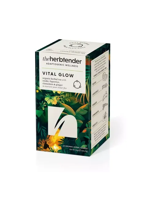 Vital Glow herbal tea box with reishi, liquorice, cinnamon, and ginger. 18 teabags.