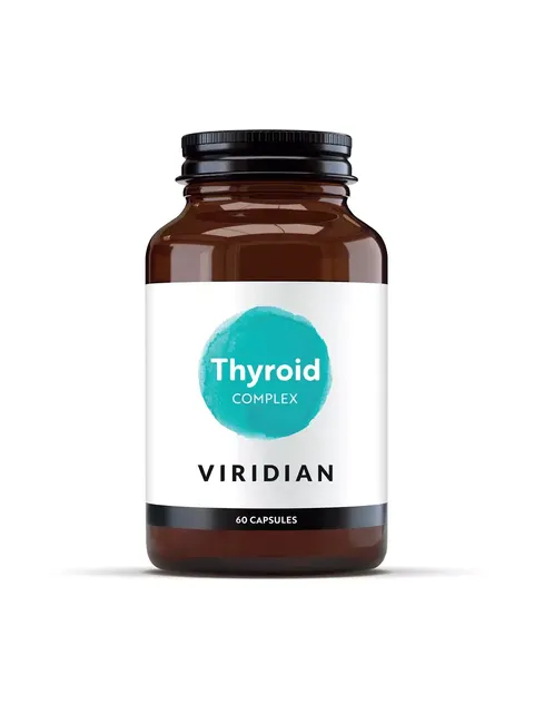Viridian Thyroid Complex, 60 capsules in a brown bottle with a turquoise label.