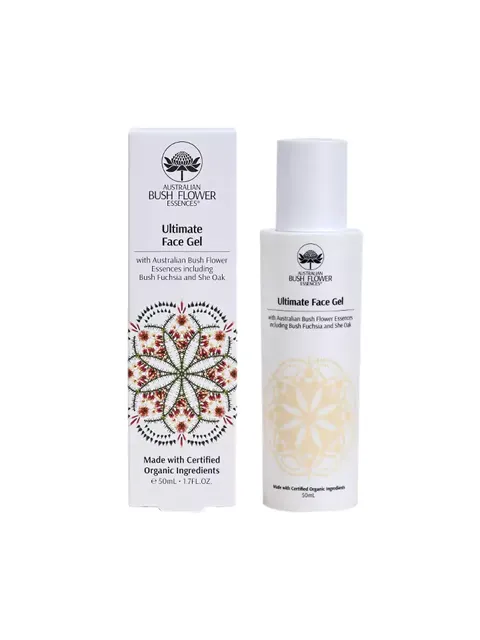 Ultimate Face Gel with Australian Bush Flower Essences, 50ml bottle and box.