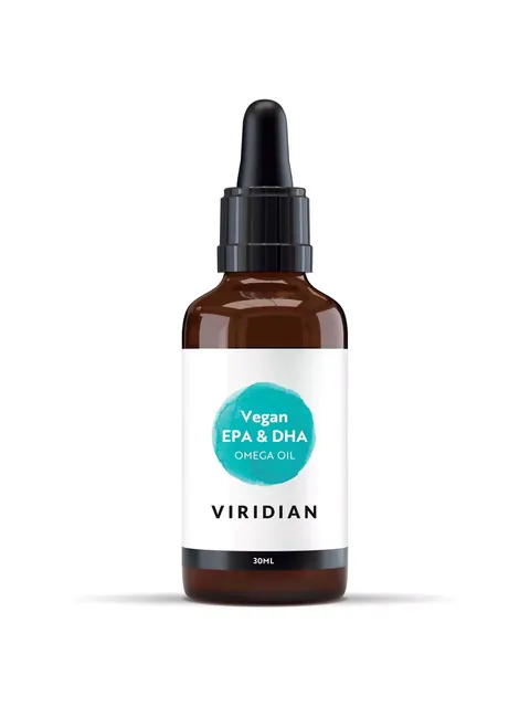 Brown bottle with dropper, labelled "Vegan EPA & DHA Omega Oil, Viridian, 30ml".