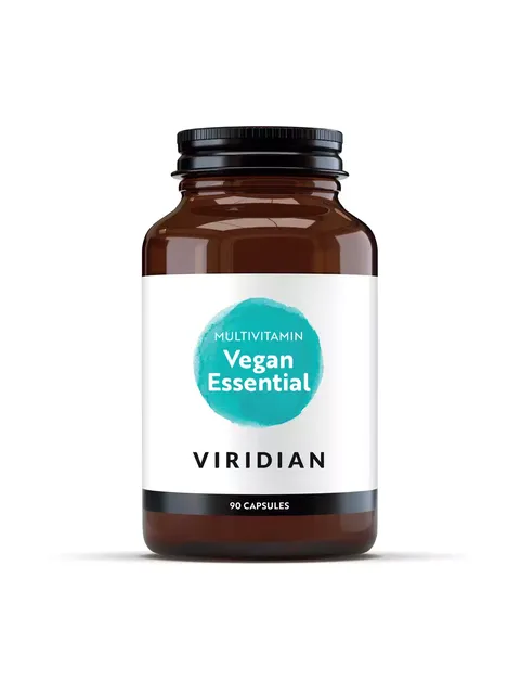 Brown bottle of Viridian Vegan Essential multivitamins, 90 capsules.