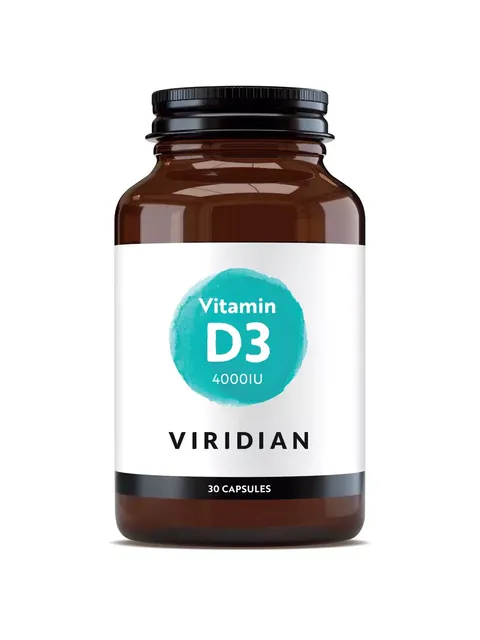 Brown bottle of Viridian Vitamin D3, 4000IU, 30 capsules.