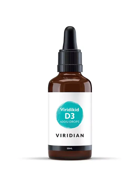 Viridian Viridikid D3 400IU drops, 50ml brown bottle with dropper.