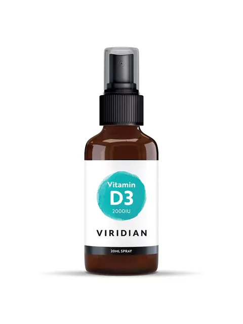 Brown bottle of Viridian Vitamin D3 2000IU, 20ml spray.