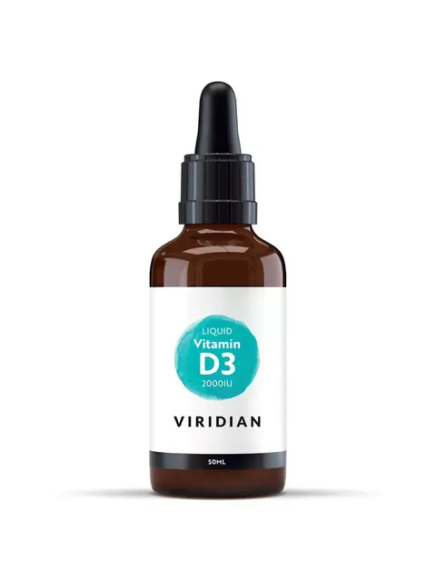 Brown bottle with dropper, labelled "Viridian Liquid Vitamin D3 2000IU 50ml".