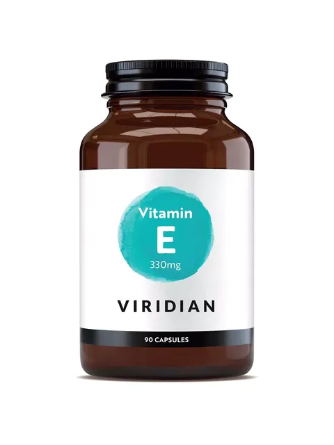 Brown bottle of Viridian Vitamin E, 330mg, 90 capsules.
