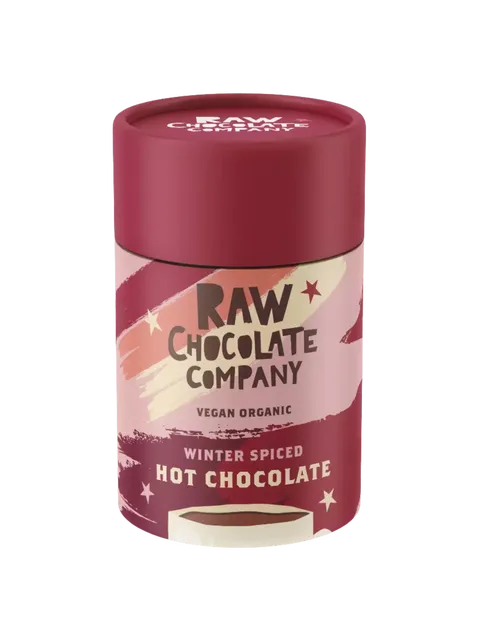 Red container of Raw Chocolate Company vegan organic hot chocolate.