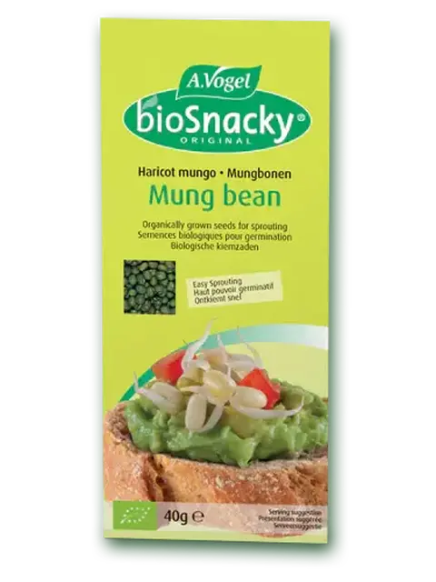A.Vogel bioSnacky Mung bean seeds, 40g pack, with sprouted beans on bread.