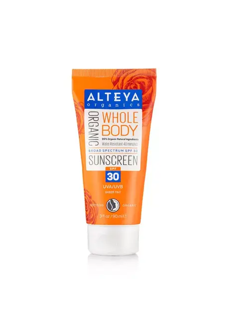Alteya Organics Whole Body Sunscreen SPF 30, 90ml tube, orange with floral design.