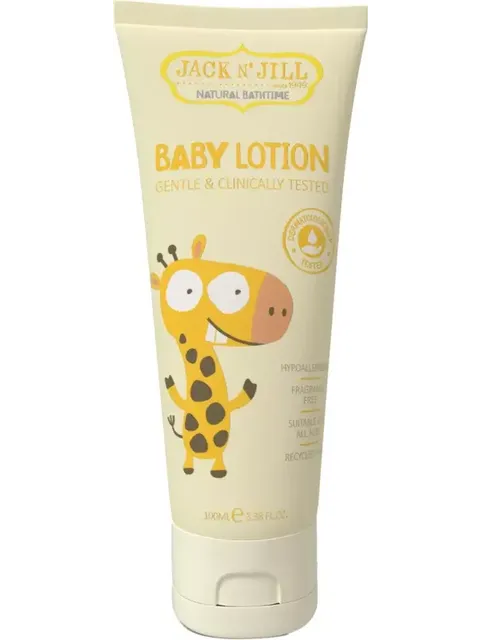 Jack N' Jill baby lotion tube with giraffe illustration, 100ml, hypoallergenic, fragrance-free.