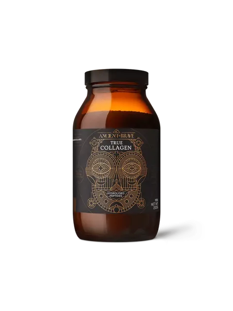 Brown jar with "Ancient + Brave True Collagen" label, geometric design, 200g.