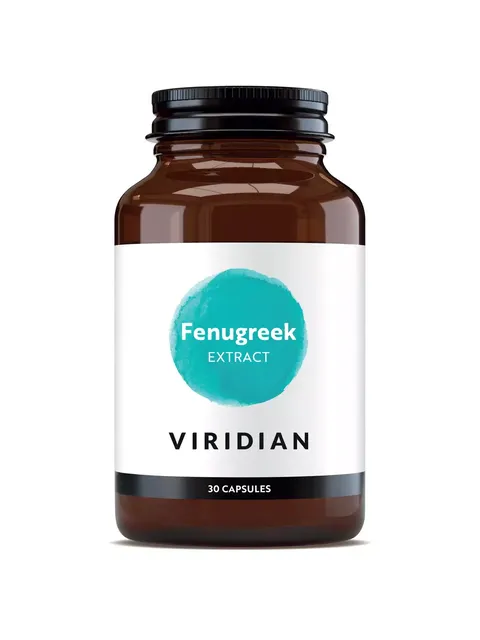 Brown bottle of Viridian Fenugreek Extract, 30 capsules.