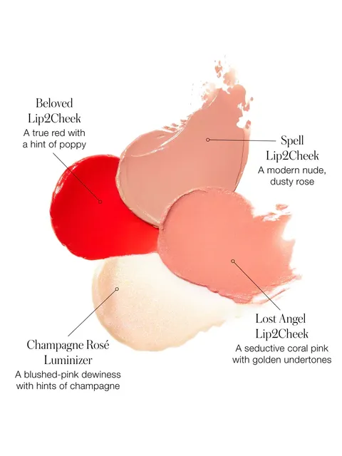 Four makeup swatches: red, nude, coral pink, and champagne with text labels.