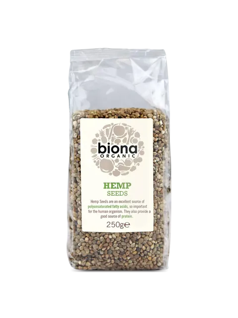 Biona Organic Hemp Seeds, 250g pack, clear bag with label detailing nutritional benefits.