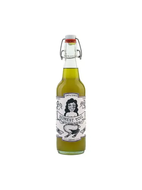 500ml bottle of Honest Toil unfiltered extra virgin olive oil with illustrated label.