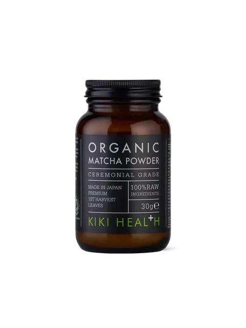 Brown jar of organic matcha powder, 30g, by Kiki Health. Made in Japan, ceremonial grade.