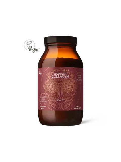Brown jar of Ancient + Brave Radiant Collagyn, 200g, vegan food supplement.