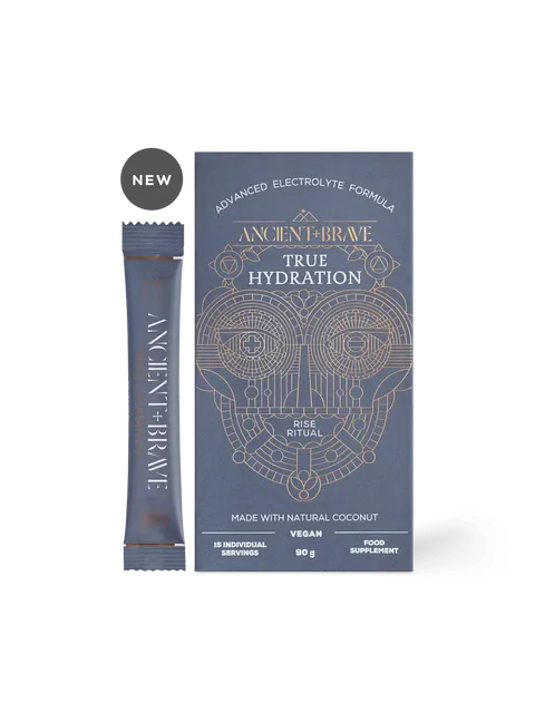 True Hydration box and sachet, advanced electrolyte formula, vegan, 90g, 15 servings.