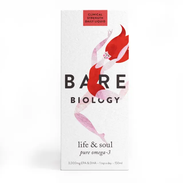 Bare Biology omega-3 liquid box with red-haired figure illustration.