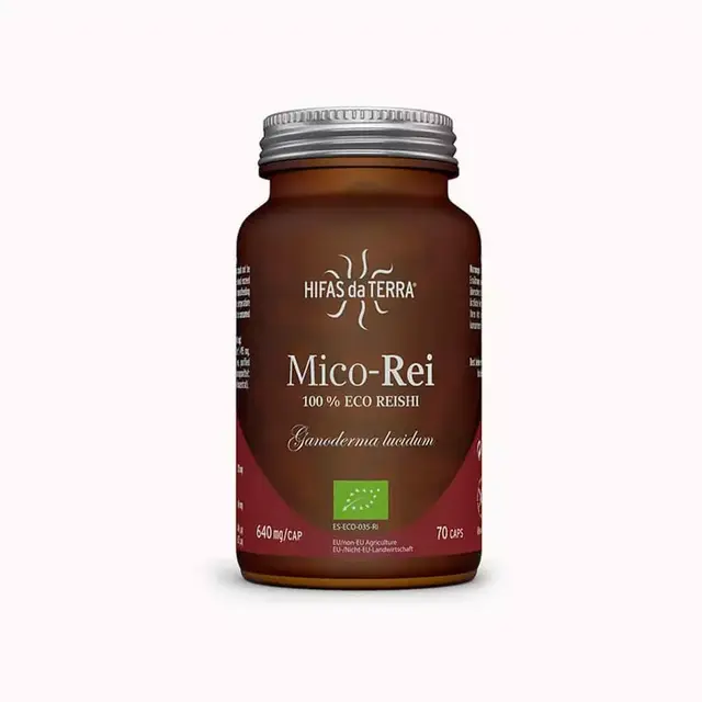 Brown bottle of Mico-Rei 100% Eco Reishi, 70 capsules, by Hifas da Terra.