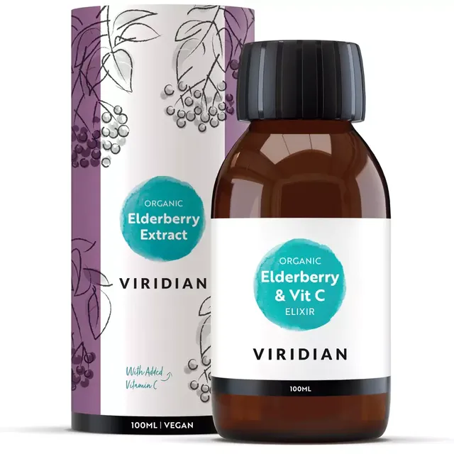 Viridian Organic Elderberry & Vit C Elixir, 100ml bottle and packaging with berry design.