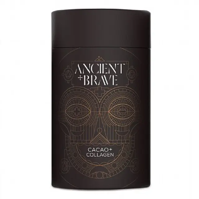 Black cylindrical container with "Ancient + Brave" and "Cacao + Collagen" text. Geometric design.