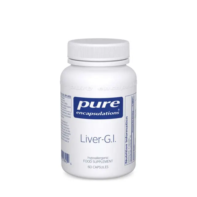 White bottle of Pure Encapsulations Liver-G.I. supplement, 60 capsules.