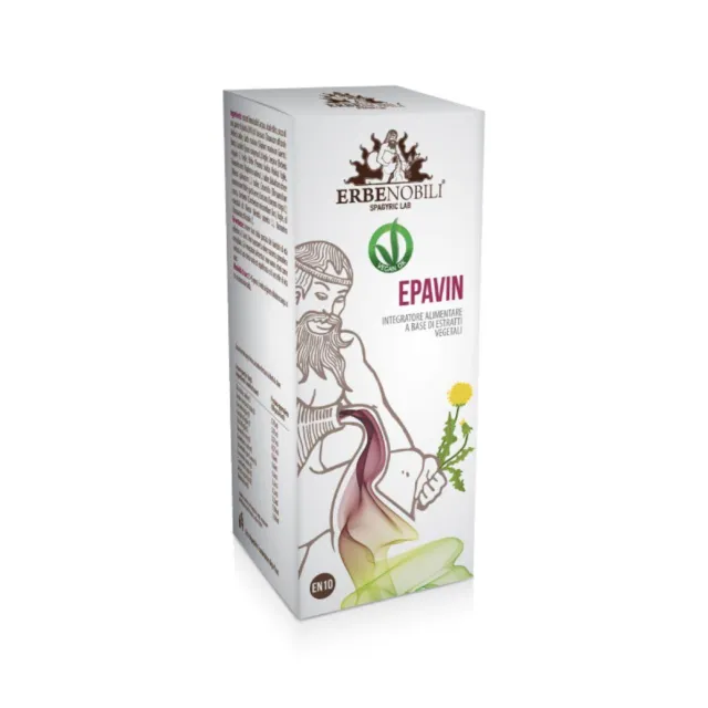 White box with "Erbenobili Epavin" and a bearded figure pouring liquid. Dandelion illustration.
