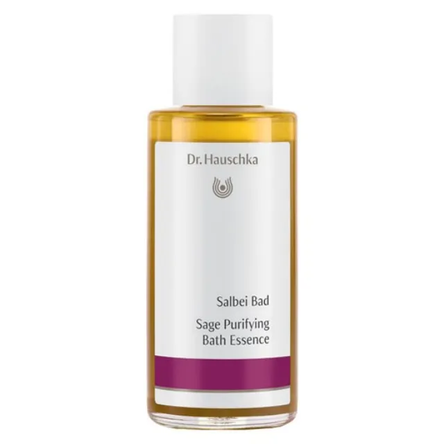 Dr. Hauschka Sage Purifying Bath Essence bottle with white cap.