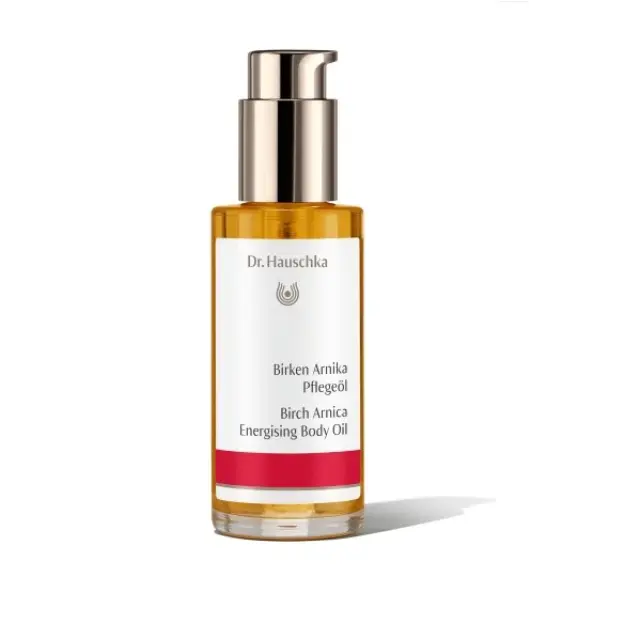 Dr. Hauschka Birch Arnica Energising Body Oil in a pump bottle.