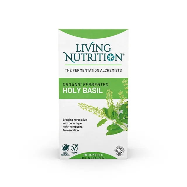 Living Nutrition Holy Basil capsules, organic, vegan, 60 count, kefir-kombucha fermented.
